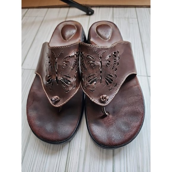 Flexisole Sandals 9W Womens Heeled Brown Studded Rugged Wedge Shoes Slip Ons - Picture 1 of 10